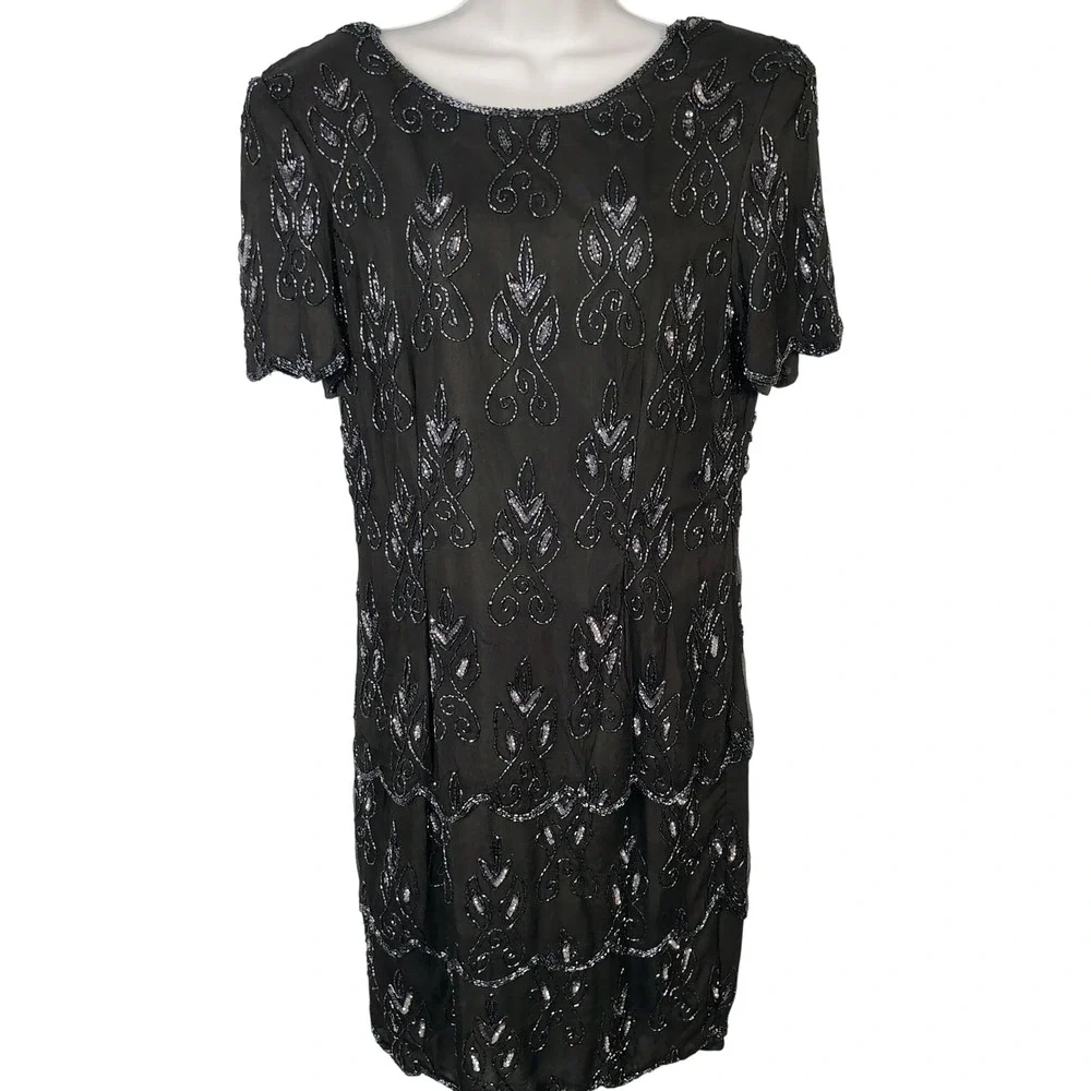 Stenay Vintage Silk Beaded Sequin Tiered Scalloped Hem Dress Black Silver Sz 12